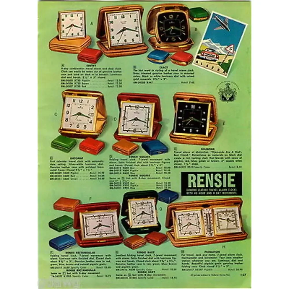Vintage 1950s Rensie Red Travel Alarm Clock Japan Brass Folding Case Working